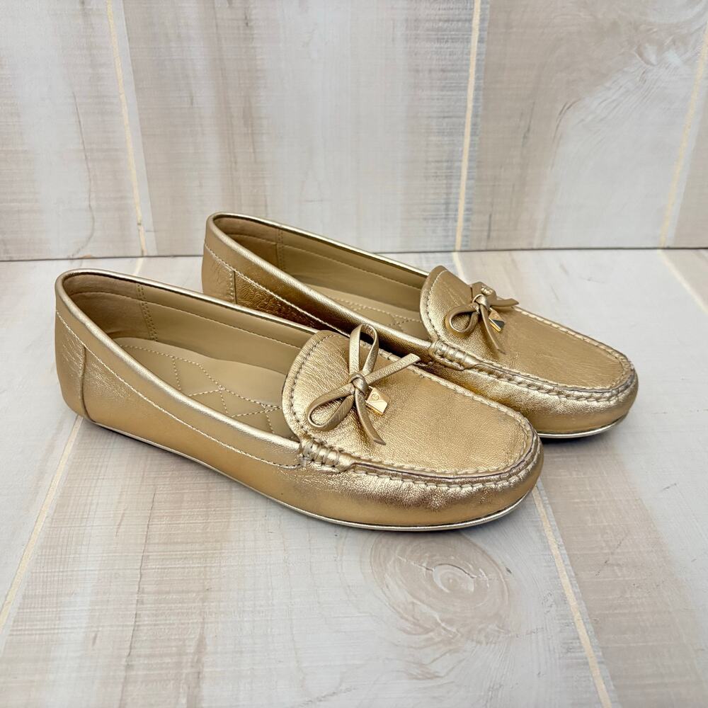 Michael Kors Gold Leather Loafers Bow Slip On Flats Size 6.5 Classic Metallic